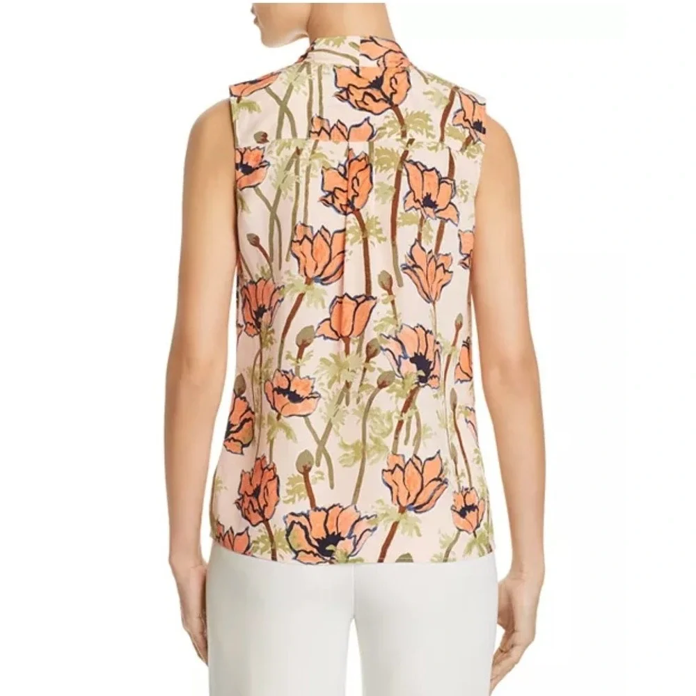 Tory Burch‎ Silk Floral Tie Neck Blouse Size 0 Sleeveless Poppy Print